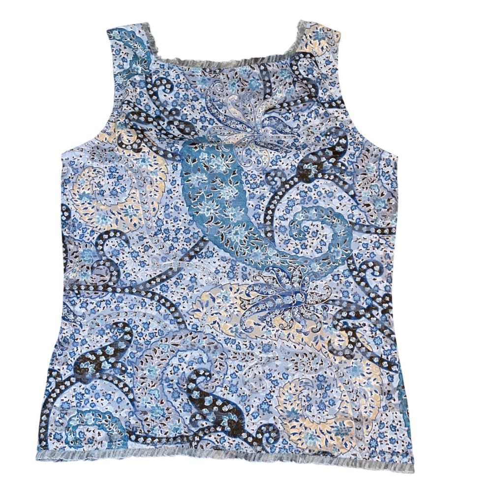 Dressbarn Womens Blue Paisley Mesh Ruffle Tank Top Hook & Eye Front Size Medium - Picture 4 of 9